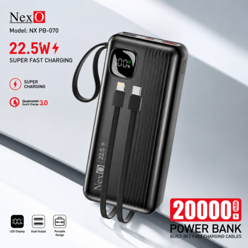 NexO NX PB-070 20000mAh 22.5W Super Fast Charging Power Bank with Built-in Lightning & Type-C Cables