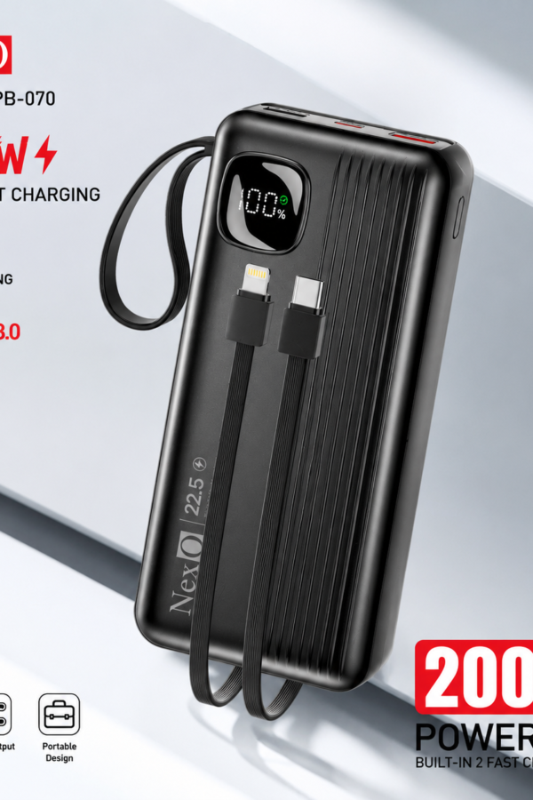 NexO NX PB-070 20000mAh 22.5W Super Fast Charging Power Bank with Built-in Lightning & Type-C Cables