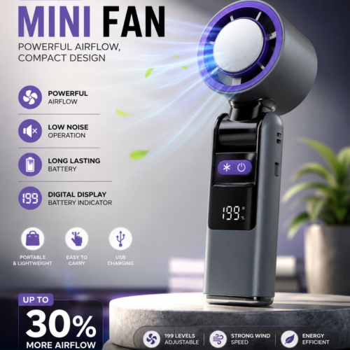 Flikzo K801 Rechargeable Handheld Cooling Fan with Cooling Plate, Digital Display and 199 Speed Levels