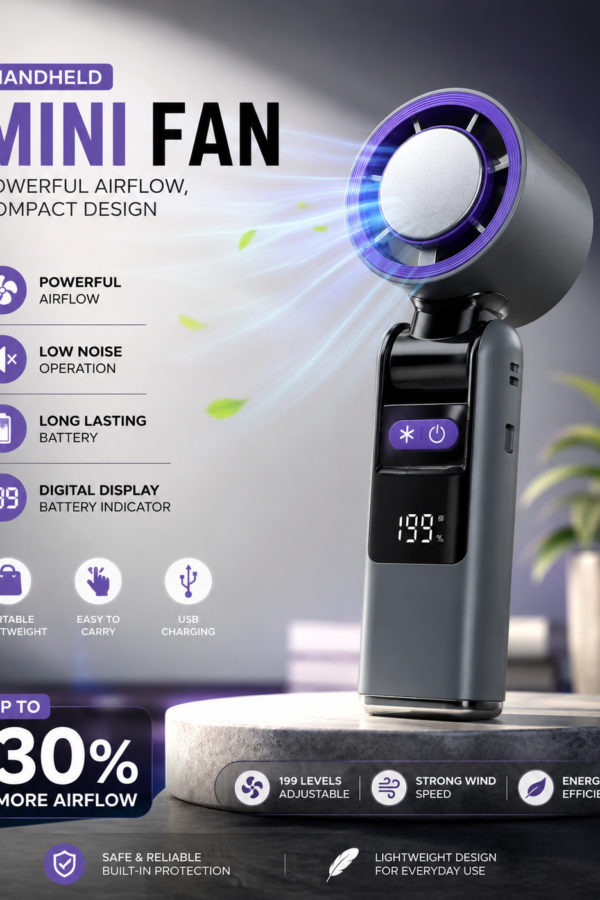 Flikzo K801 Rechargeable Handheld Cooling Fan with Cooling Plate, Digital Display and 199 Speed Levels